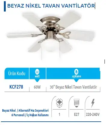 Vanti Kcf278 Beyaz Nikel Tavan Vantilatörü (6 Kanat)