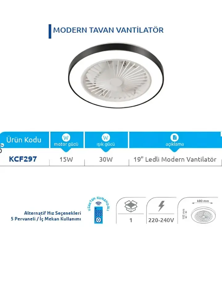 Vanti Kcf297 15W Ledli Dekoratif Tavan Vantilatörü Siyah