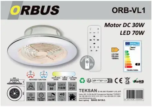 Orbus Vl1 Uzaktan Kumandalı Tavan Vantilatörü