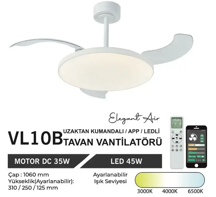 Orbus Vl10B Uzaktan Kumandalı Tavan Vantilatörü Beyaz