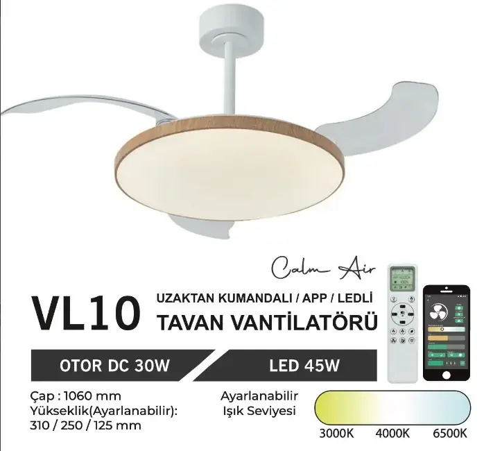 Orbus Vl10 Uzaktan Kumandalı Tavan Vantilatörü Ahşap
