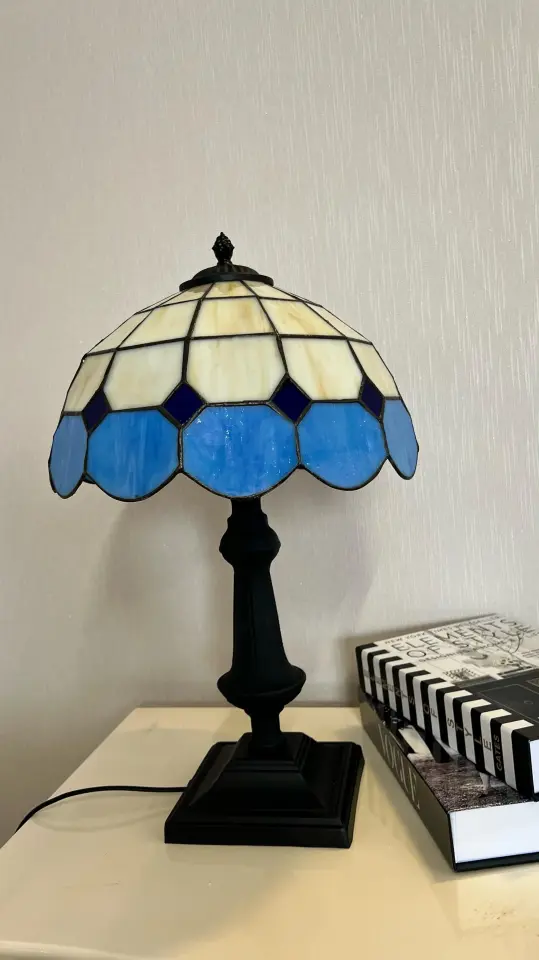 Vitray Abajur Masa Lambası Siyah Ayak 30Cm (12'') - Mavi