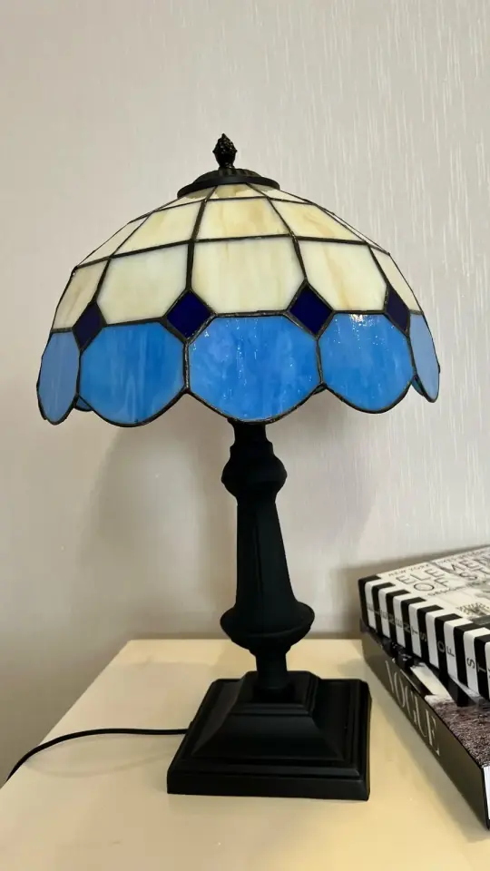Vitray Abajur Masa Lambası Siyah Ayak 30Cm (12'') - Mavi