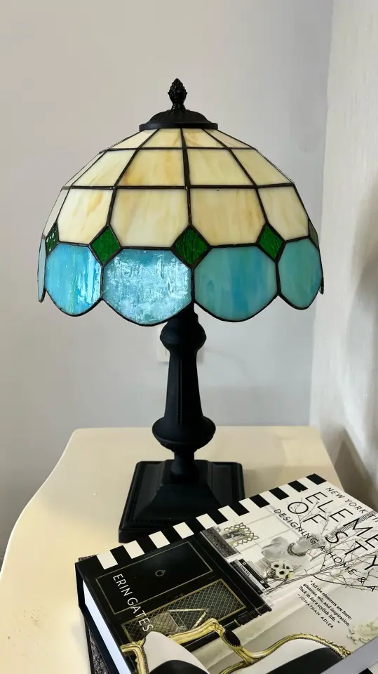 Vitray Abajur Masa Lambası Siyah Ayak 30Cm (12'') - Yeşil