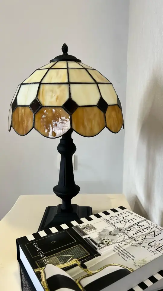 Vitray Abajur Masa Lambası Siyah Ayak 30Cm (12'') - Kahverengi