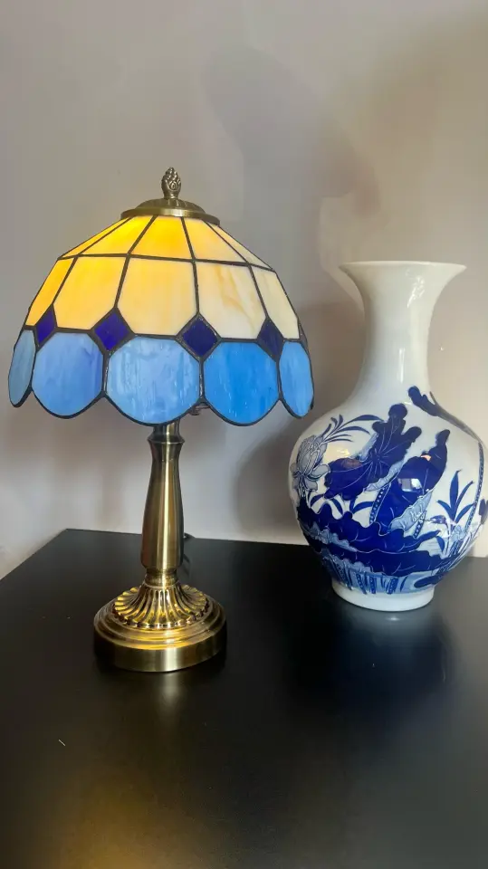 Vitray Abajur Masa Lambası Eskitme Ayak 25Cm (10'') - Mavi