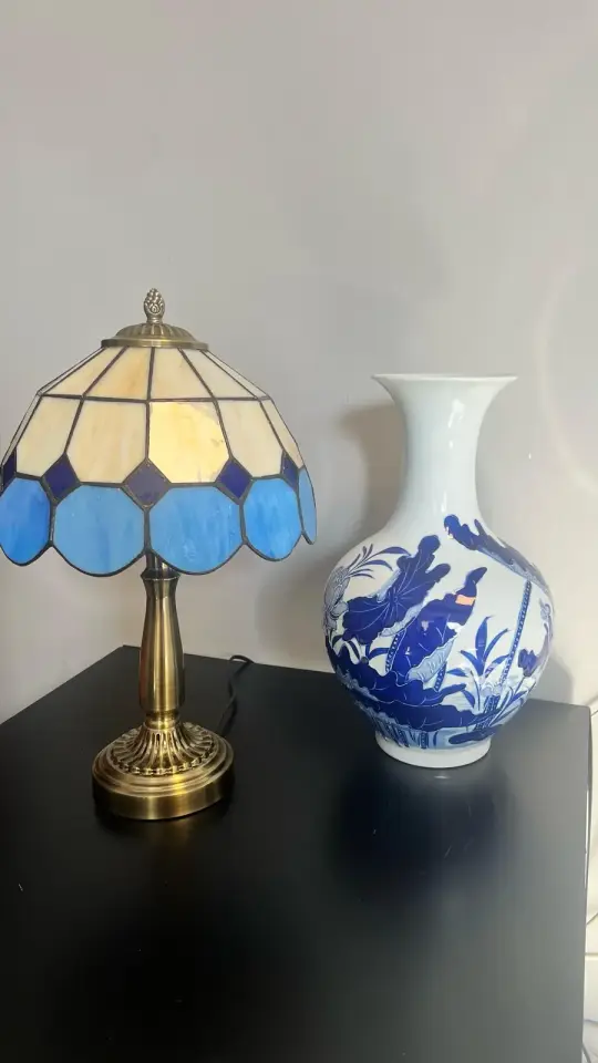 Vitray Abajur Masa Lambası Eskitme Ayak 25Cm (10'') - Mavi