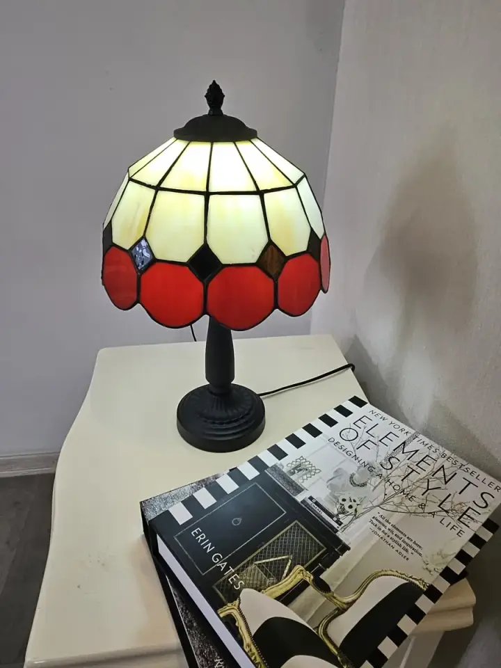 Vitray Abajur Masa Lambası Siyah Ayak 25Cm (10'') - Kırmızı