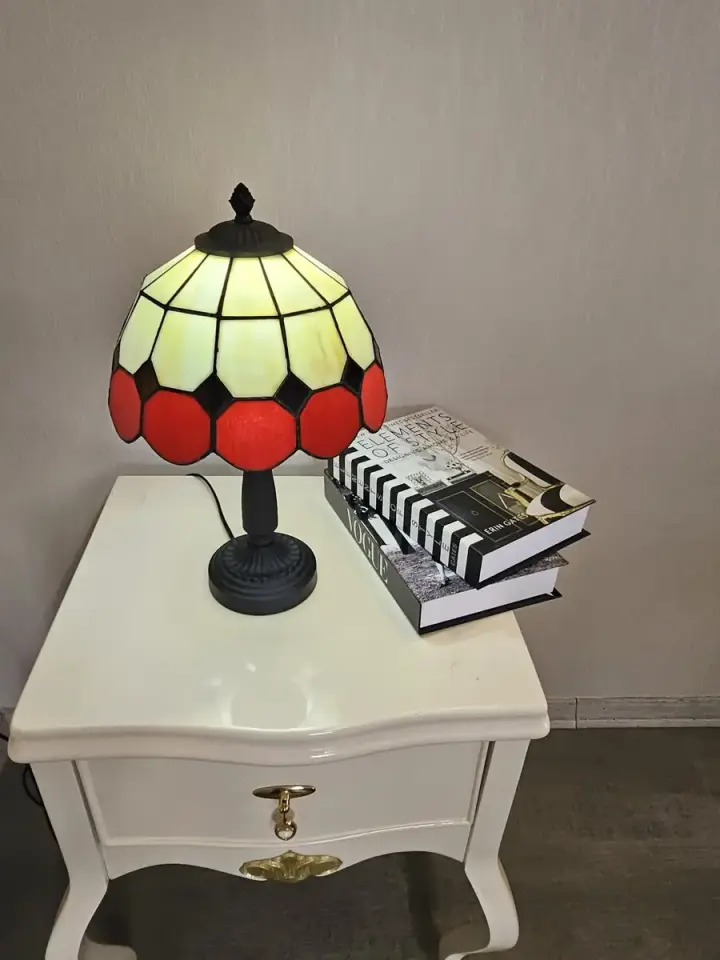 Vitray Abajur Masa Lambası Siyah Ayak 25Cm (10'') - Kırmızı