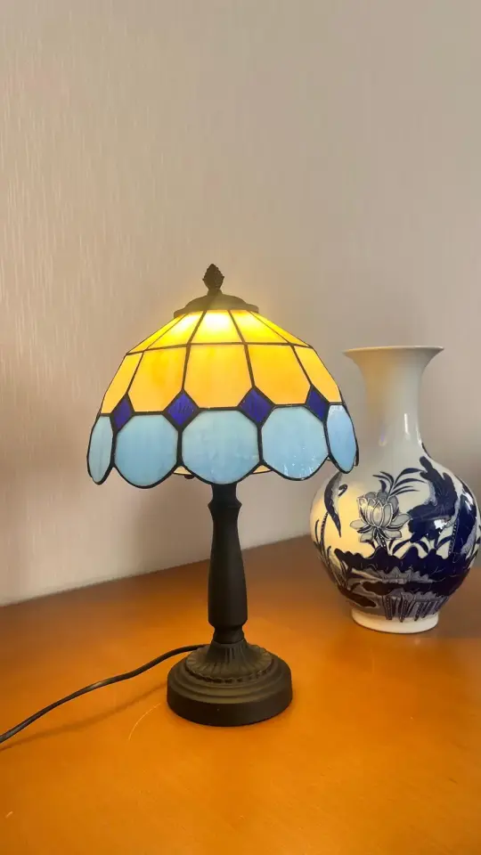 Vitray Abajur Masa Lambası Siyah Ayak 25Cm (10'') - Mavi
