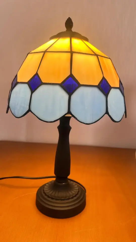 Vitray Abajur Masa Lambası Siyah Ayak 25Cm (10'') - Mavi