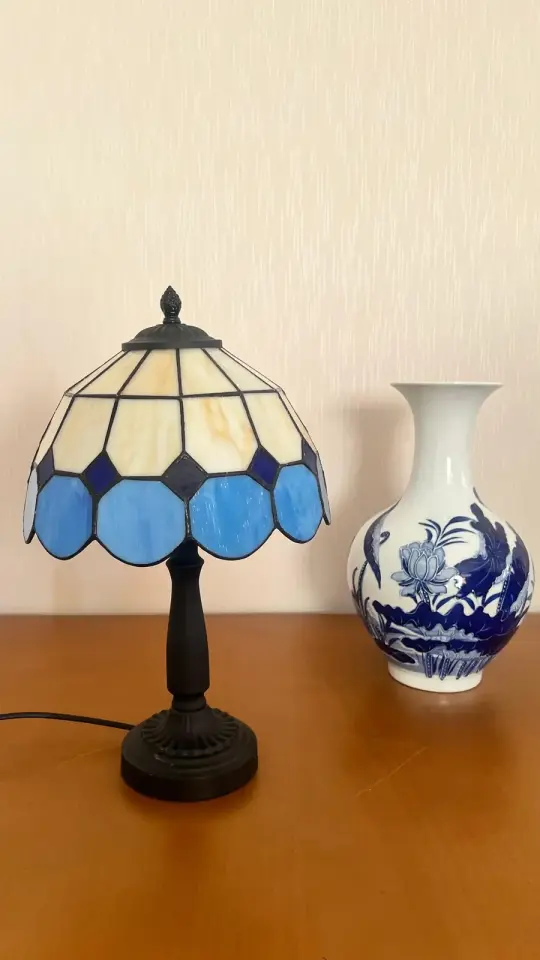 Vitray Abajur Masa Lambası Siyah Ayak 25Cm (10'') - Mavi