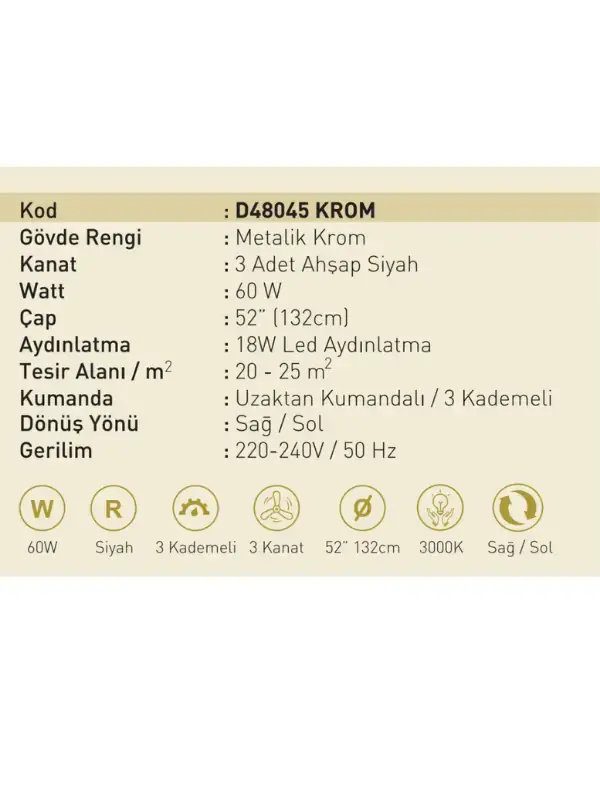 Taflan - Kaşkar D48045 60W Işıklı Metalik Krom Gövde Kumandalı Tavan Vantilatörü